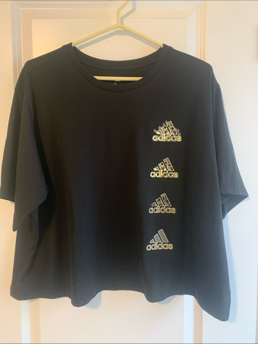 adidas Black Cropped Tee with Gold Stacked Logos
